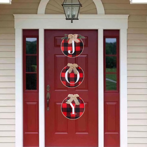 JOY Plaid Wreath or Wall Hanging Christmas Decorations - Rustic Burlap Bow - Picture 2 of 8